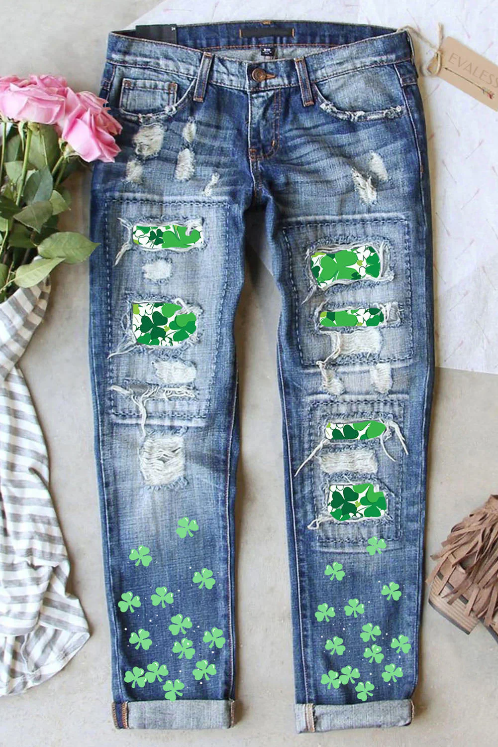 St. Patrick's Day Clover Casual Denim Ripped Jeans。