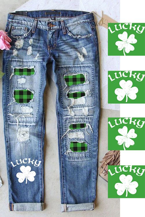 Personalized St. Patrick's Day Clover Graphic Mid Waist Ripped Jeans.