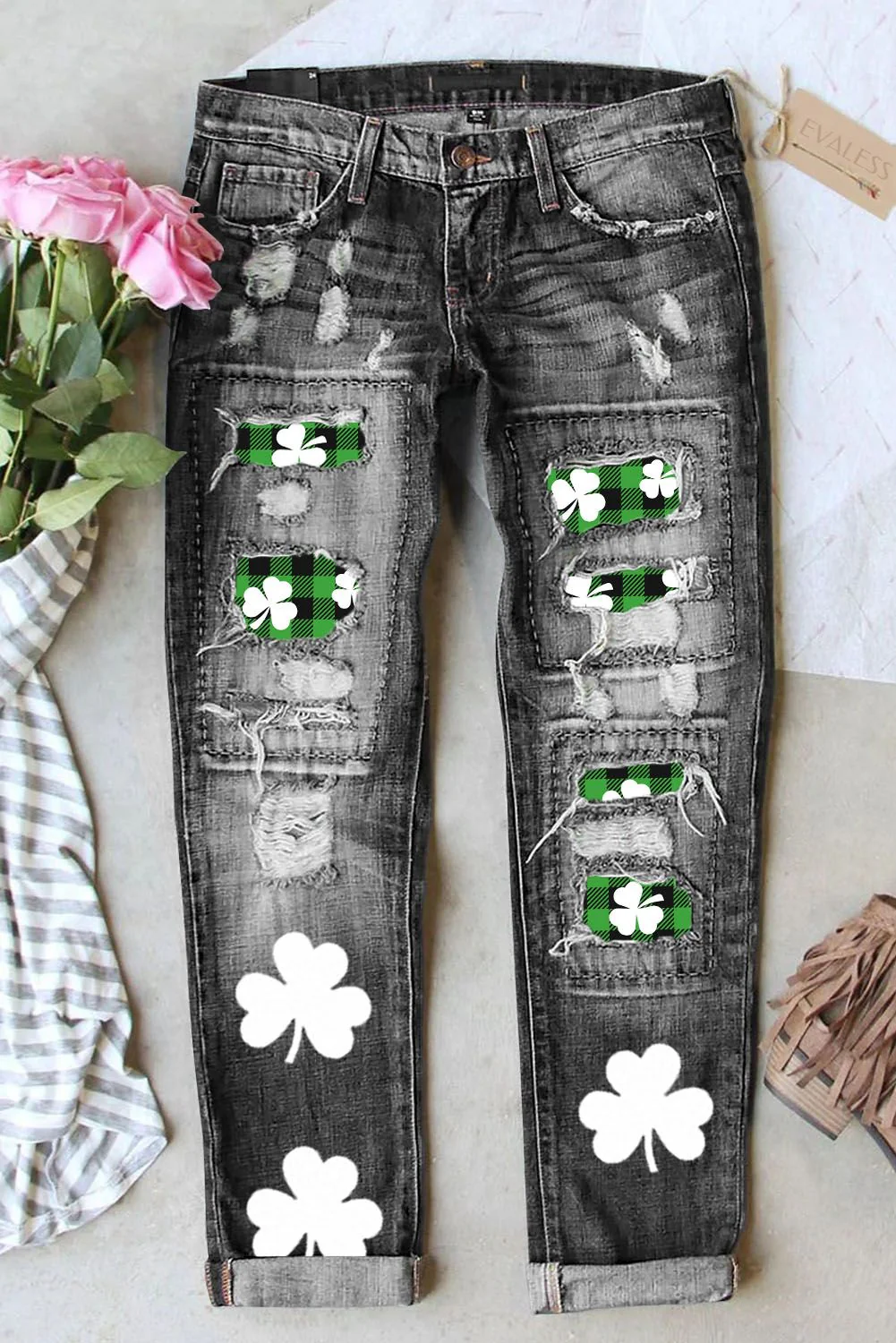 Shamrock Clover Green Plaid Casual Jeans.