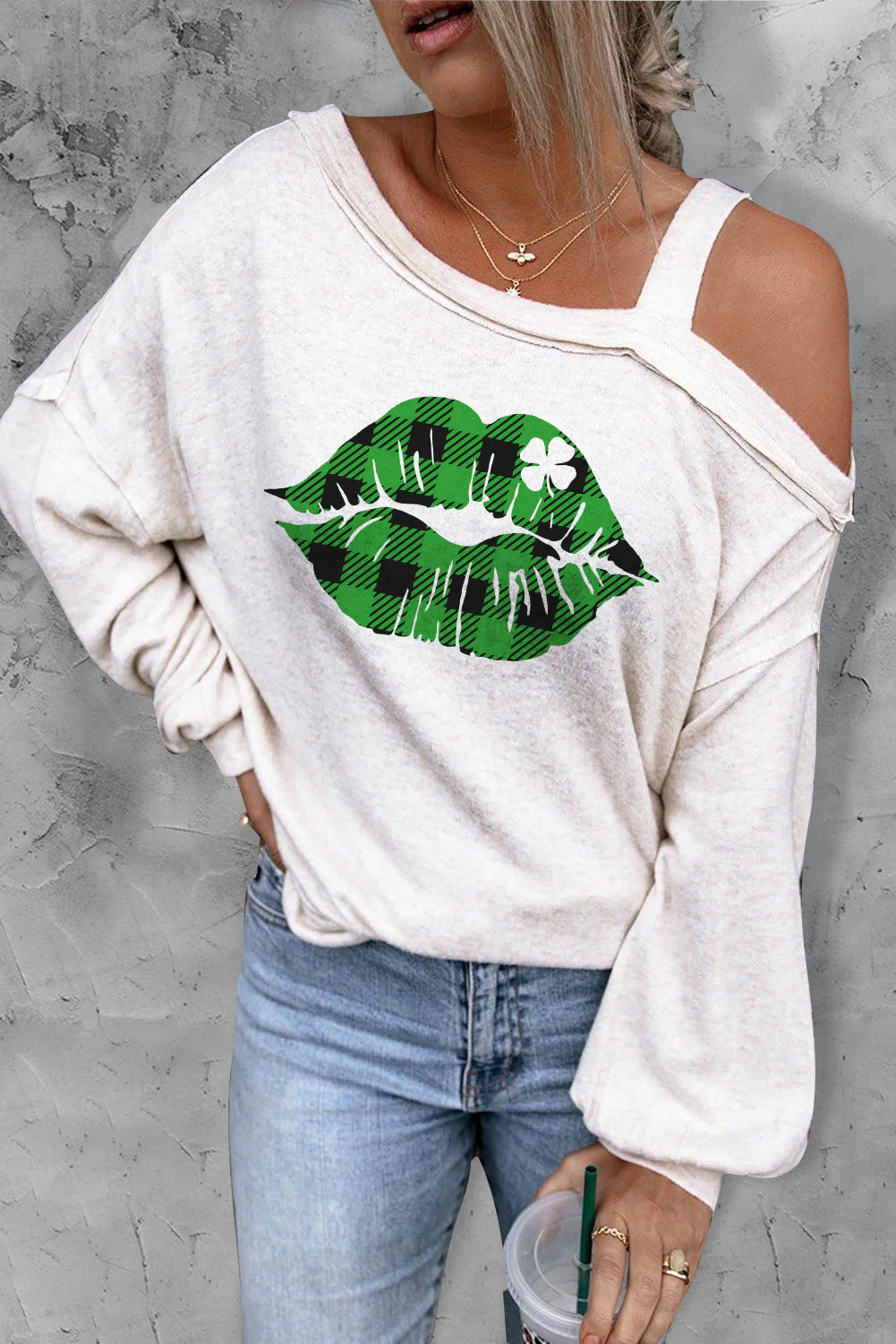 Green Plaid Casual Cotton Sweatshirt.