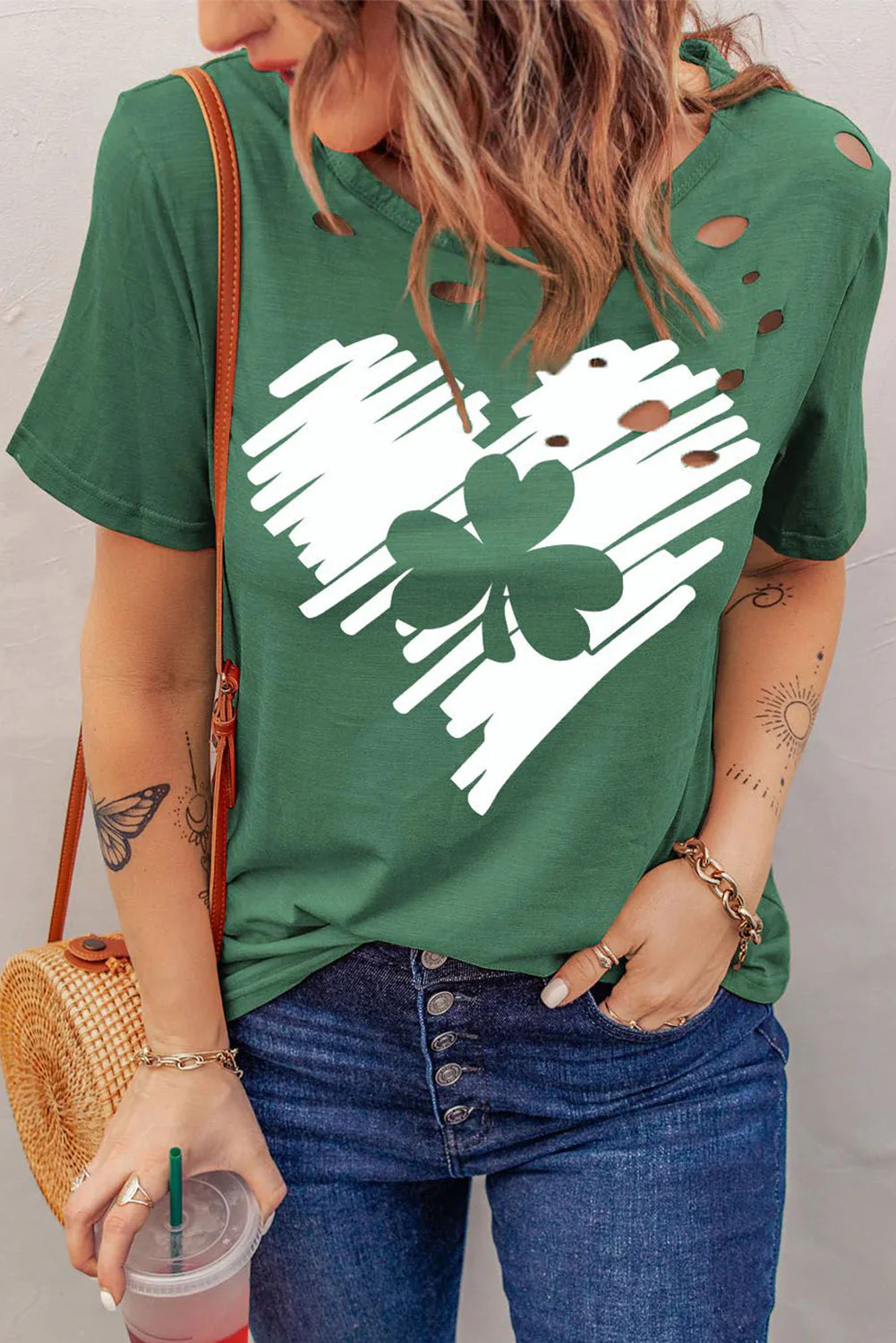 Clover Heart-shape Graphic Cut-out Round Neck Shift Casual T-Shirts.