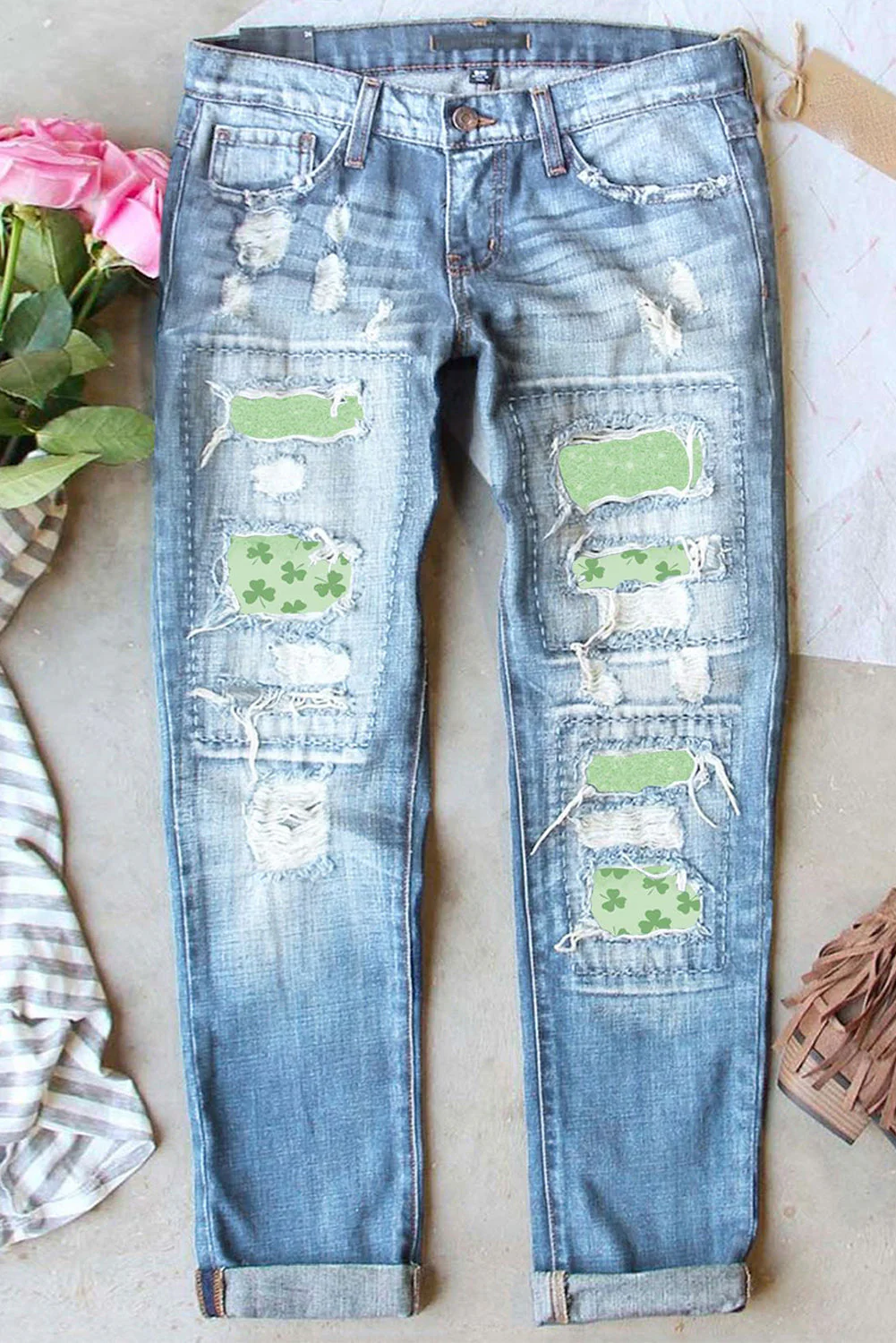 St. Patrick's Day Green Clover Graphic Shift Casual Ripped Jeans.