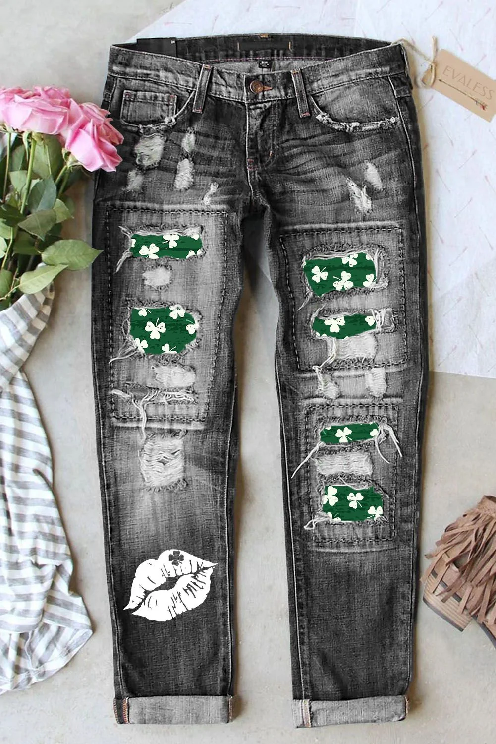 St. Patrick's Day Clover Graphic Casual Mid Waist Ripped Jeans