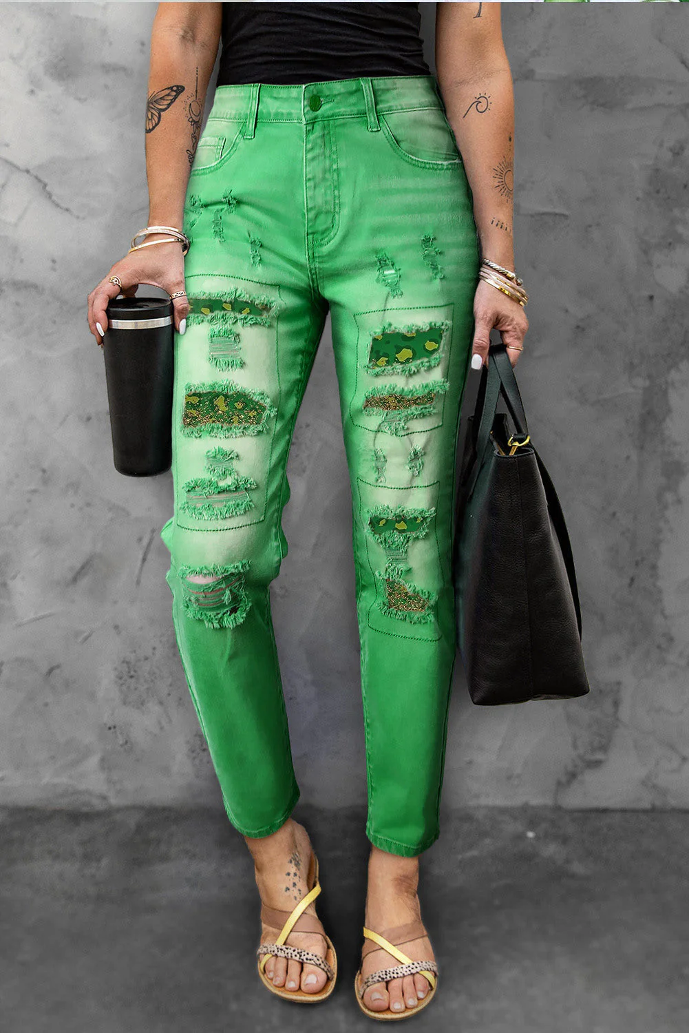 Green Leopard Graphic Ripped Casual Denim Jeans.