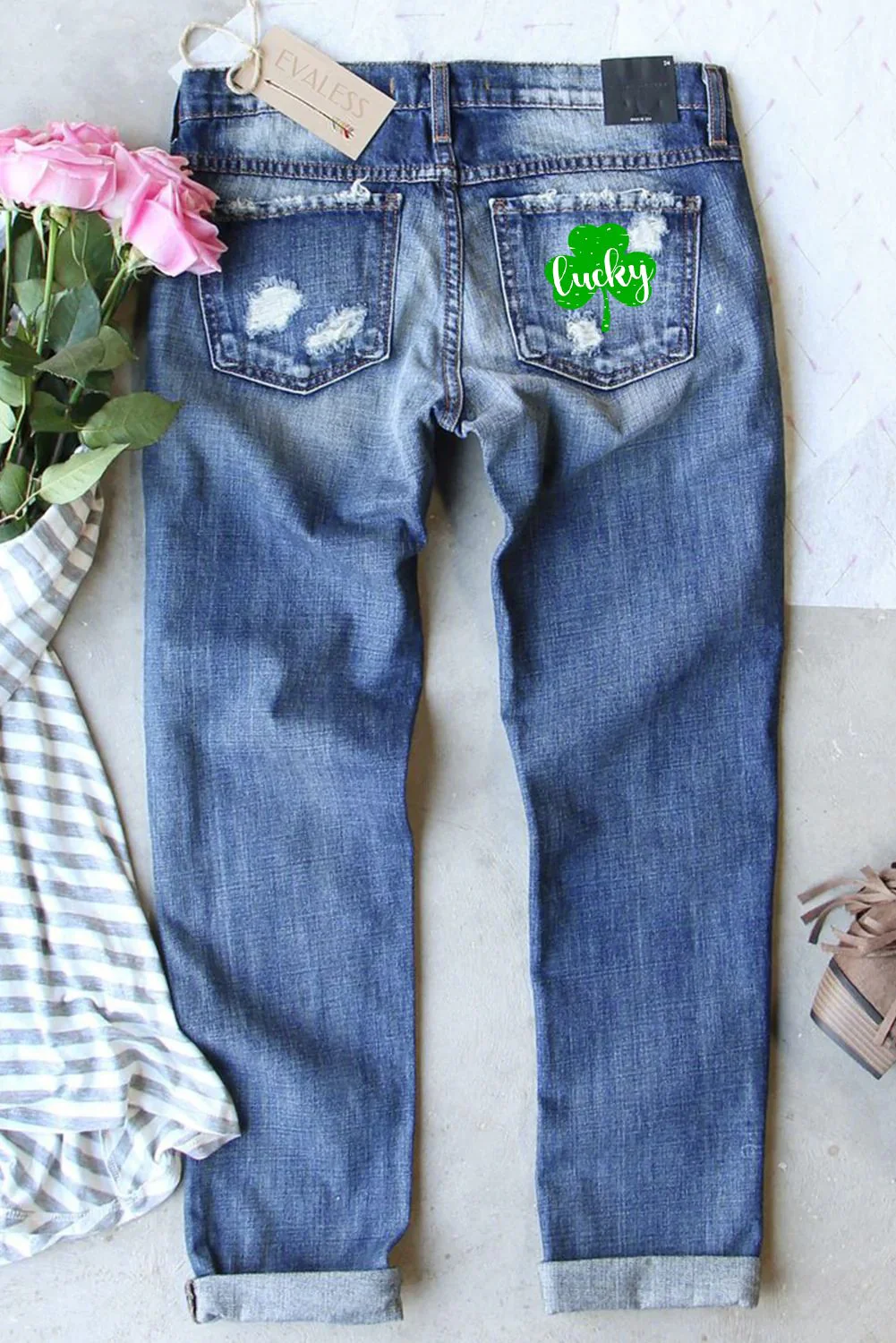 Shamrock Lucky Clover Casual Denim Jeans。
