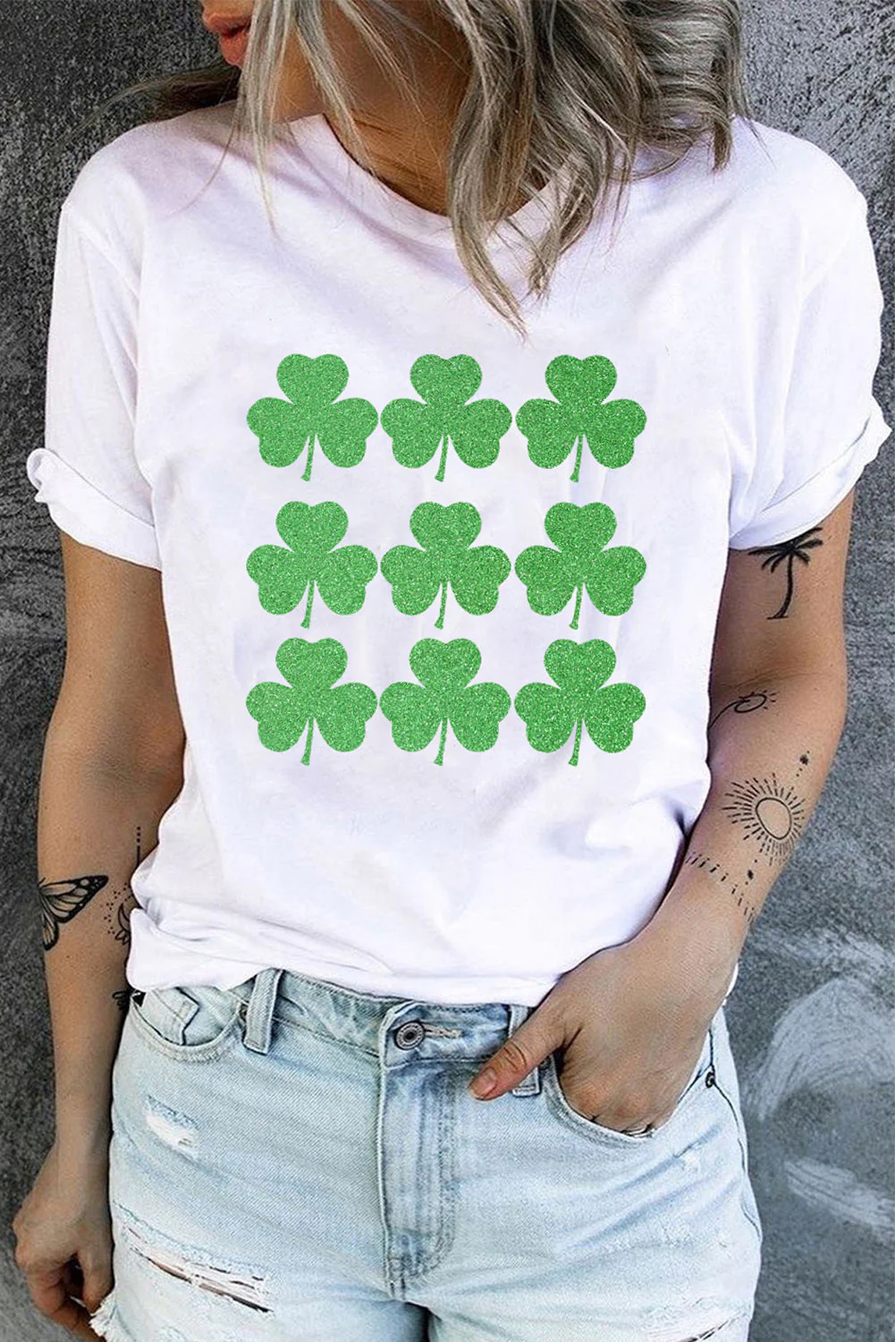 St Patrick Clover Graphic Print O-neck Short Sleeve T-shirt.