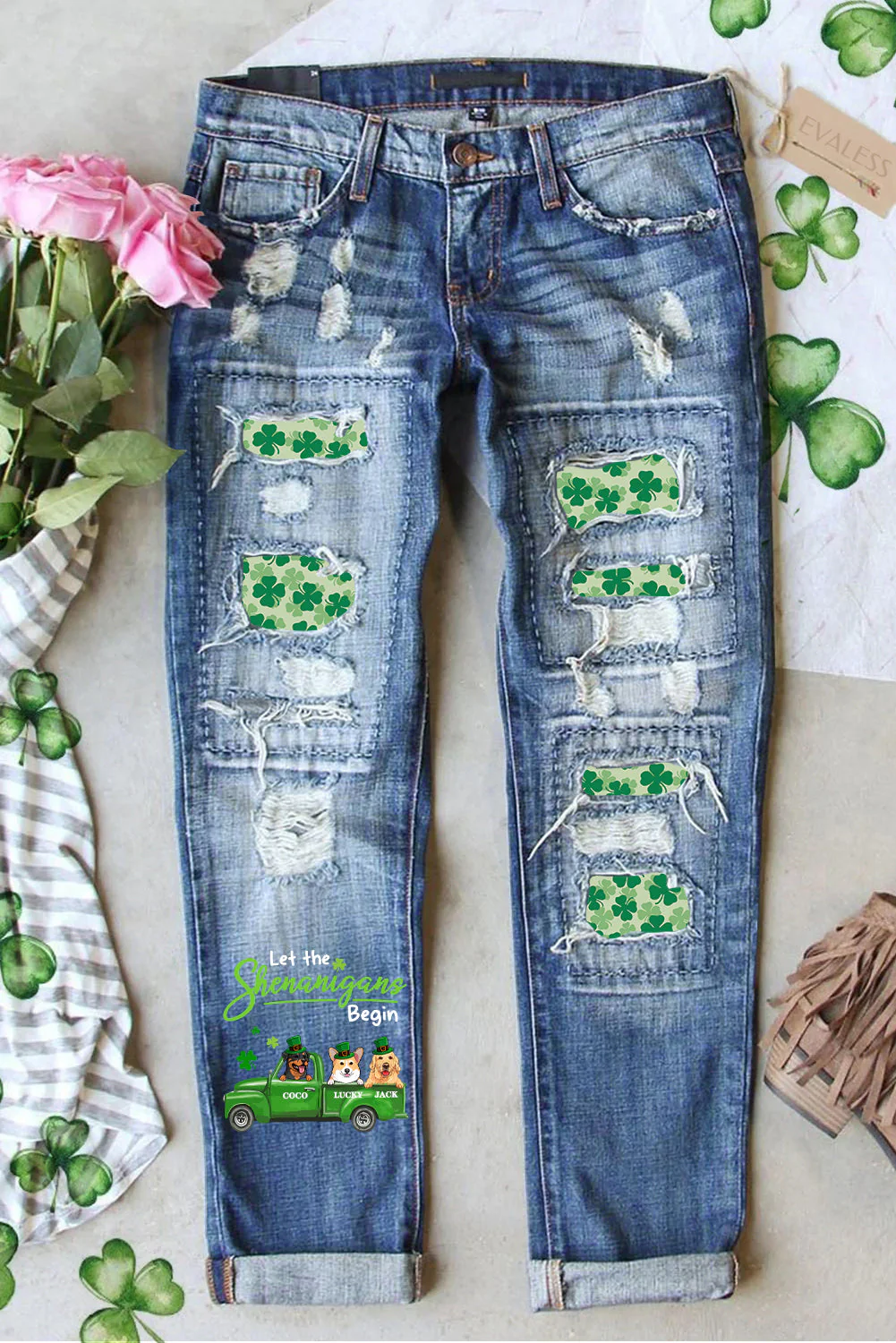 Personalized St. Patrick's Day Cute Dogs Mid Waist Ripped Jeans.