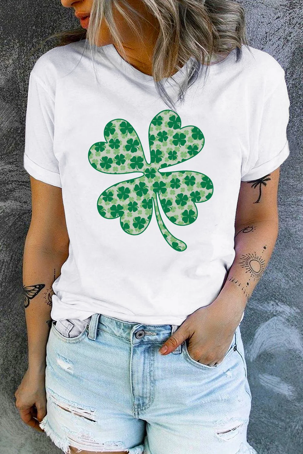 Shamrock Solid Floral None Round Neck Casual T-Shirts。