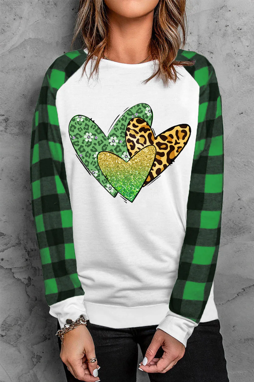 Green Plaid Leopard Print Sweatshirt.
