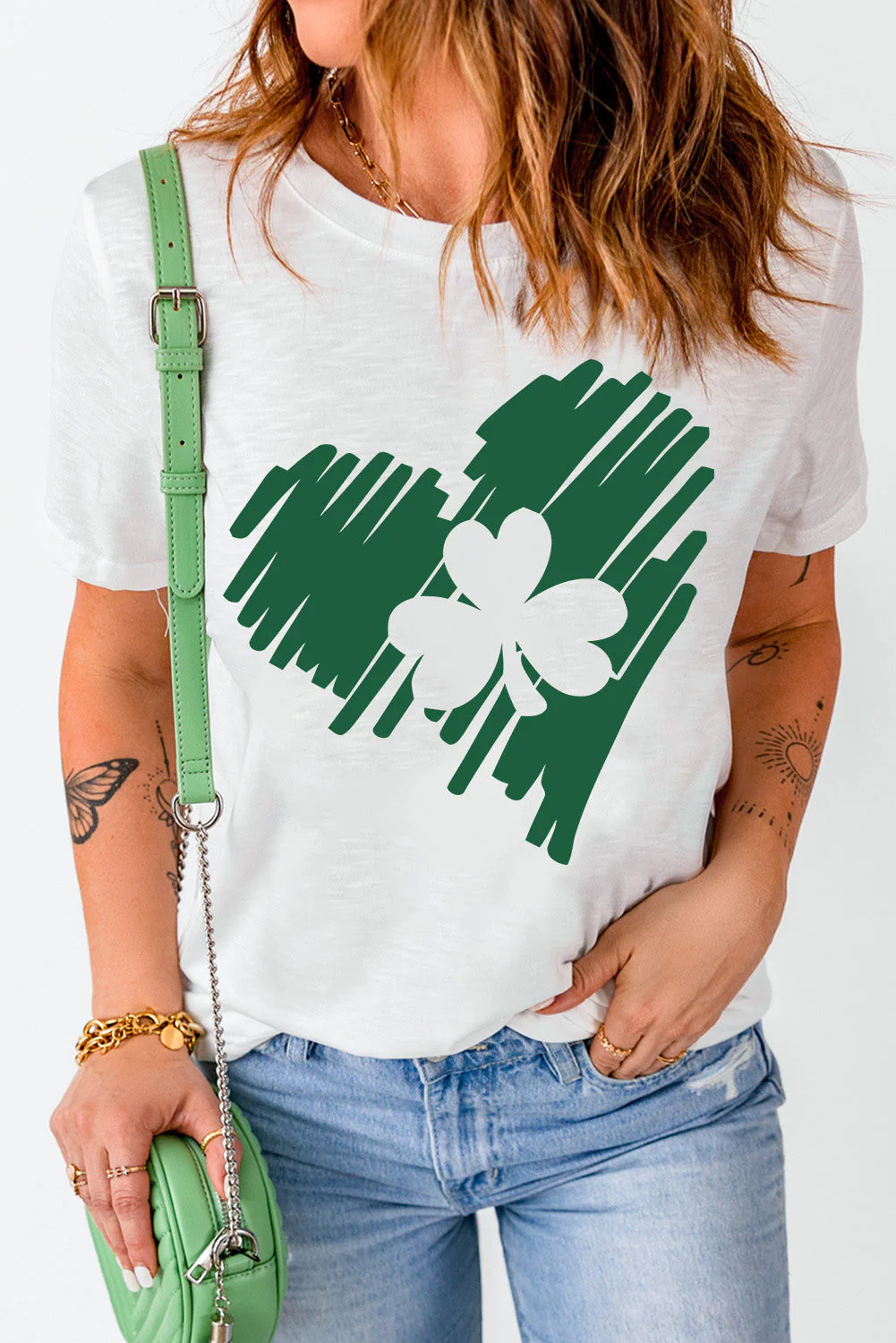 Green Clover Heart-shaped Round Neck Shift Casual T-Shirts.