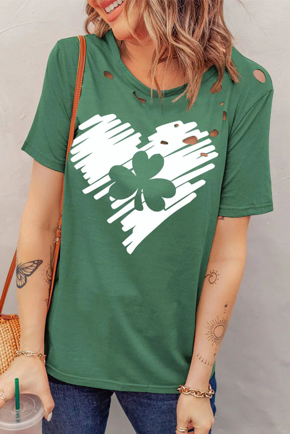 Clover Heart-shape Graphic Cut-out Round Neck Shift Casual T-Shirts.