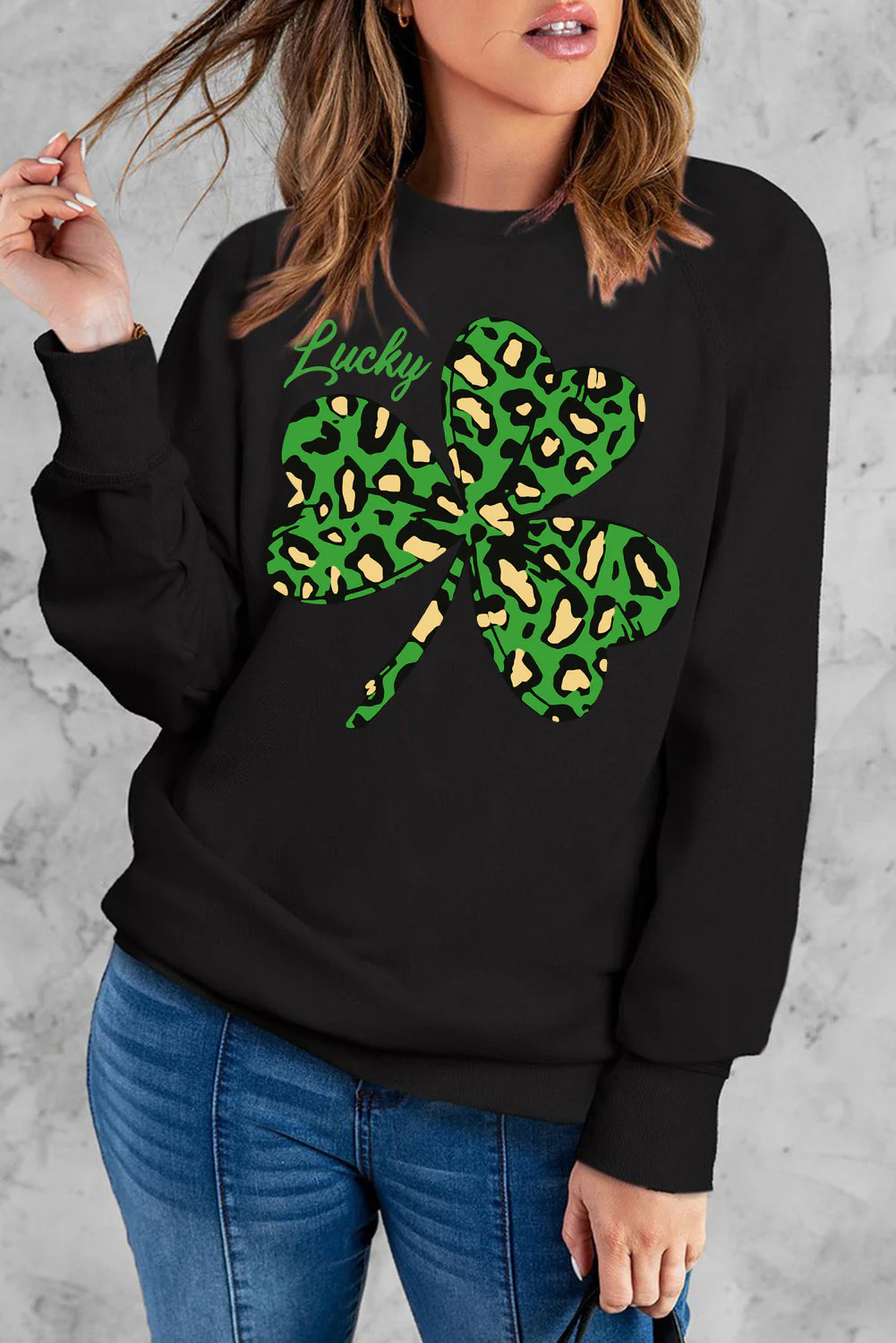 Leopard Patrick's Day Clover Sweatshirt Black.