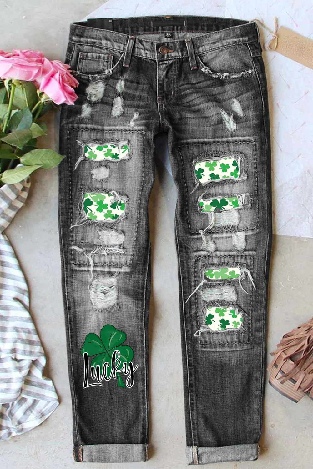 Green Clover Floral Shift Casual Ripped Jeans.