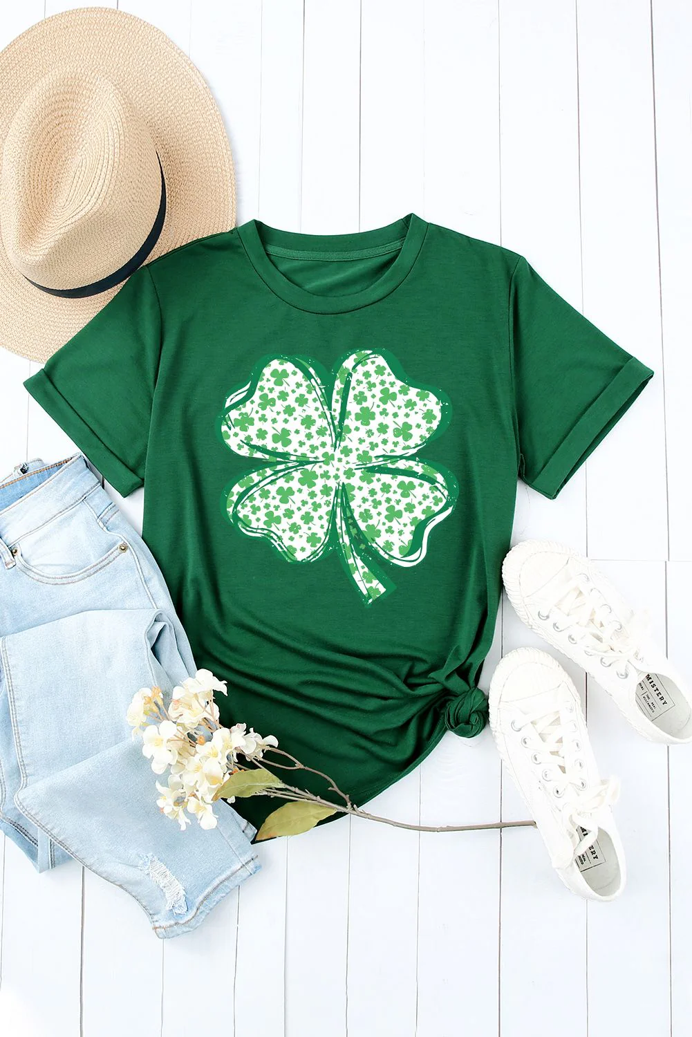 St. Patrick's Day Green Clover Fruits & Plants Round Neck Shift Casual T-Shirts。