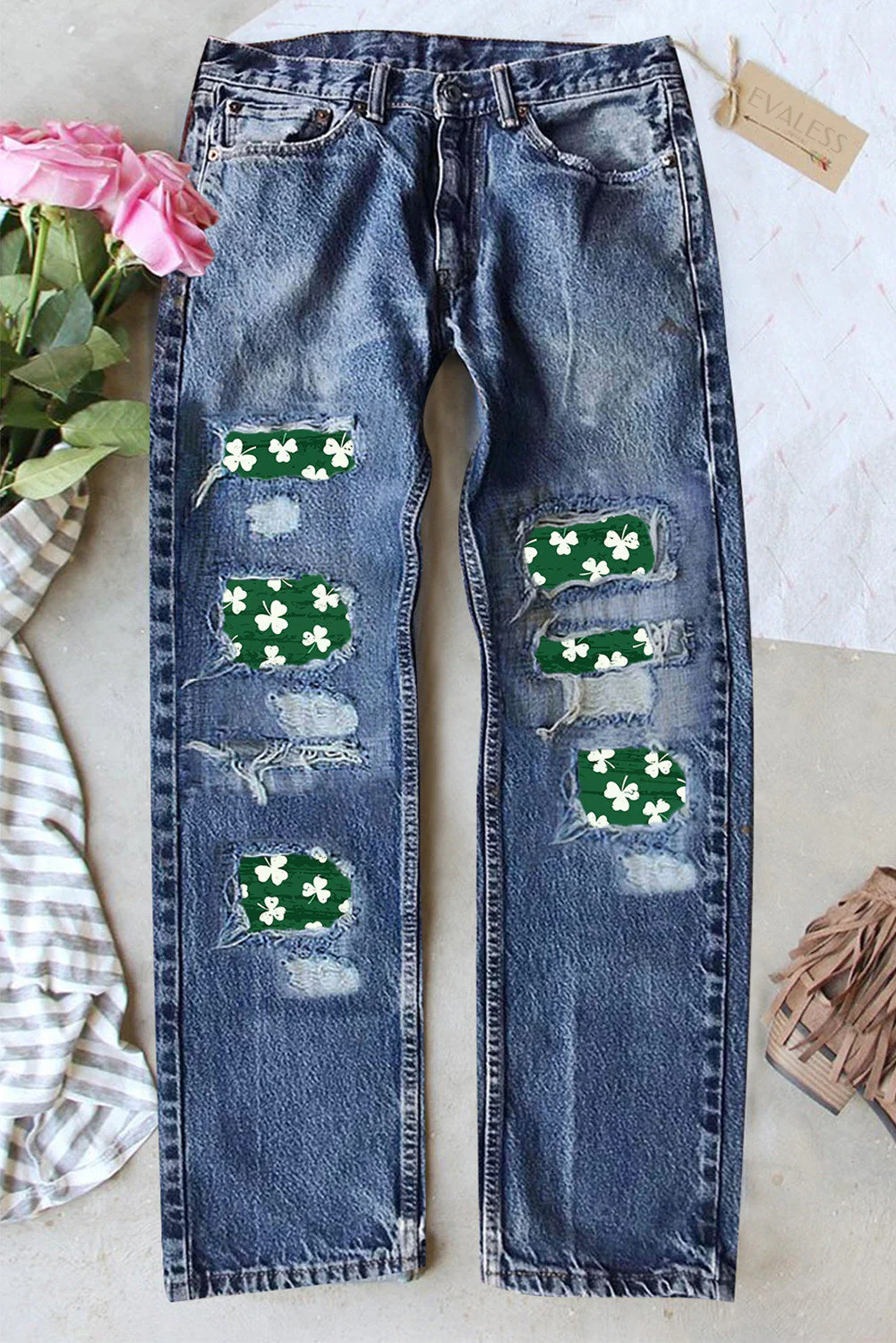 St. Patrick's Day Clover Shift Casual Ripped Jeans