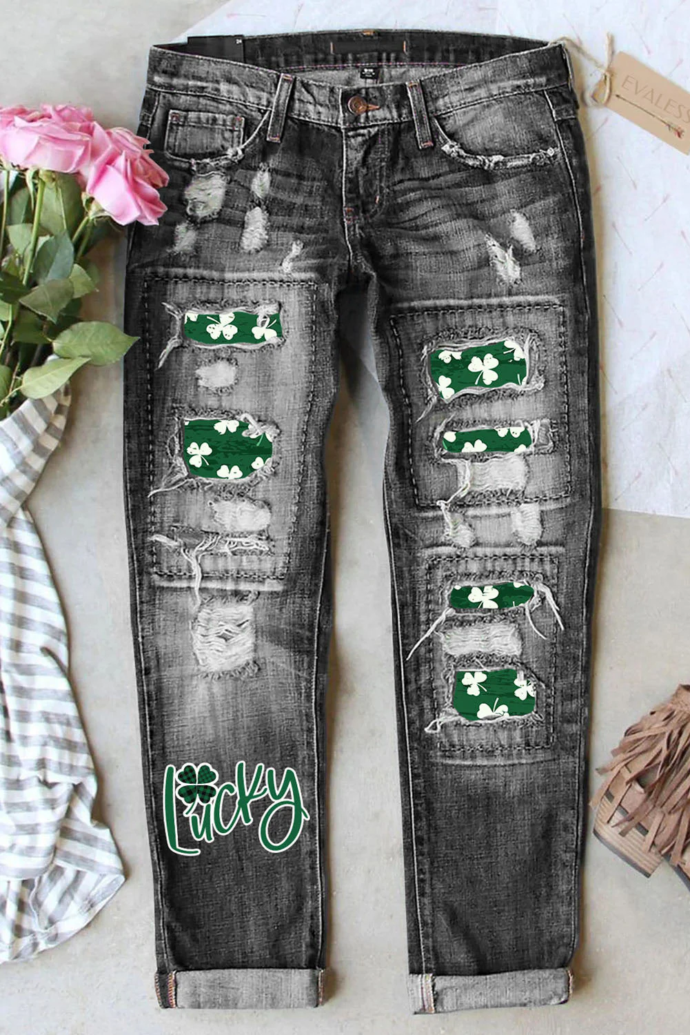 St. Patrick's Day Lucky Clover Ripped Casual Denim Jeans.