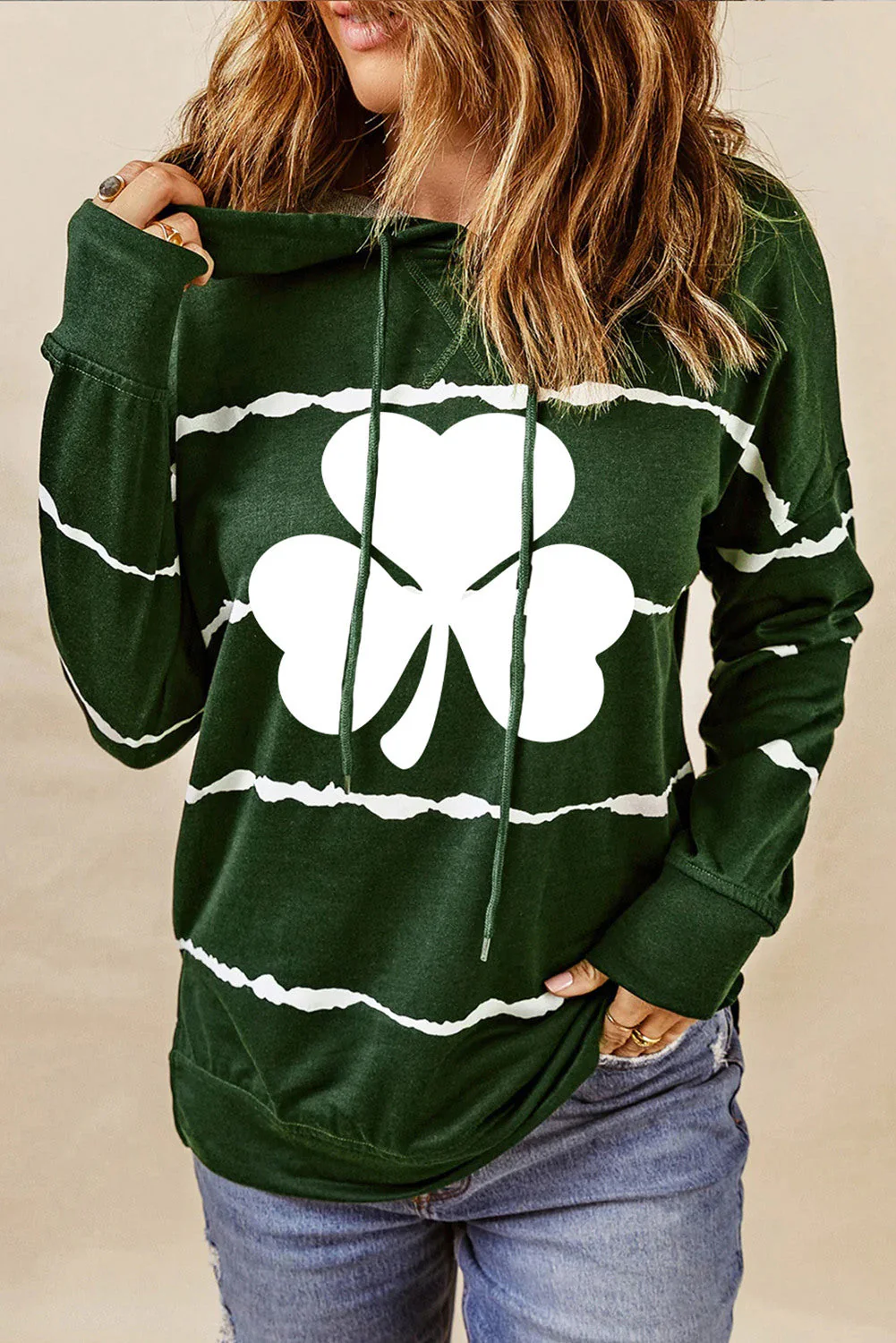 St. Patrick's Day Clover Striped Split Drawstring Hooded Shift Casual Hoodie.