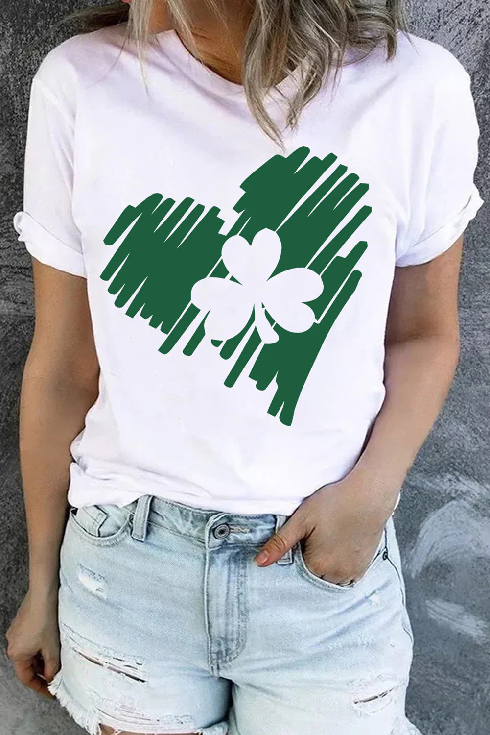 Green Clover Heart-shaped Round Neck Shift Casual T-Shirts.