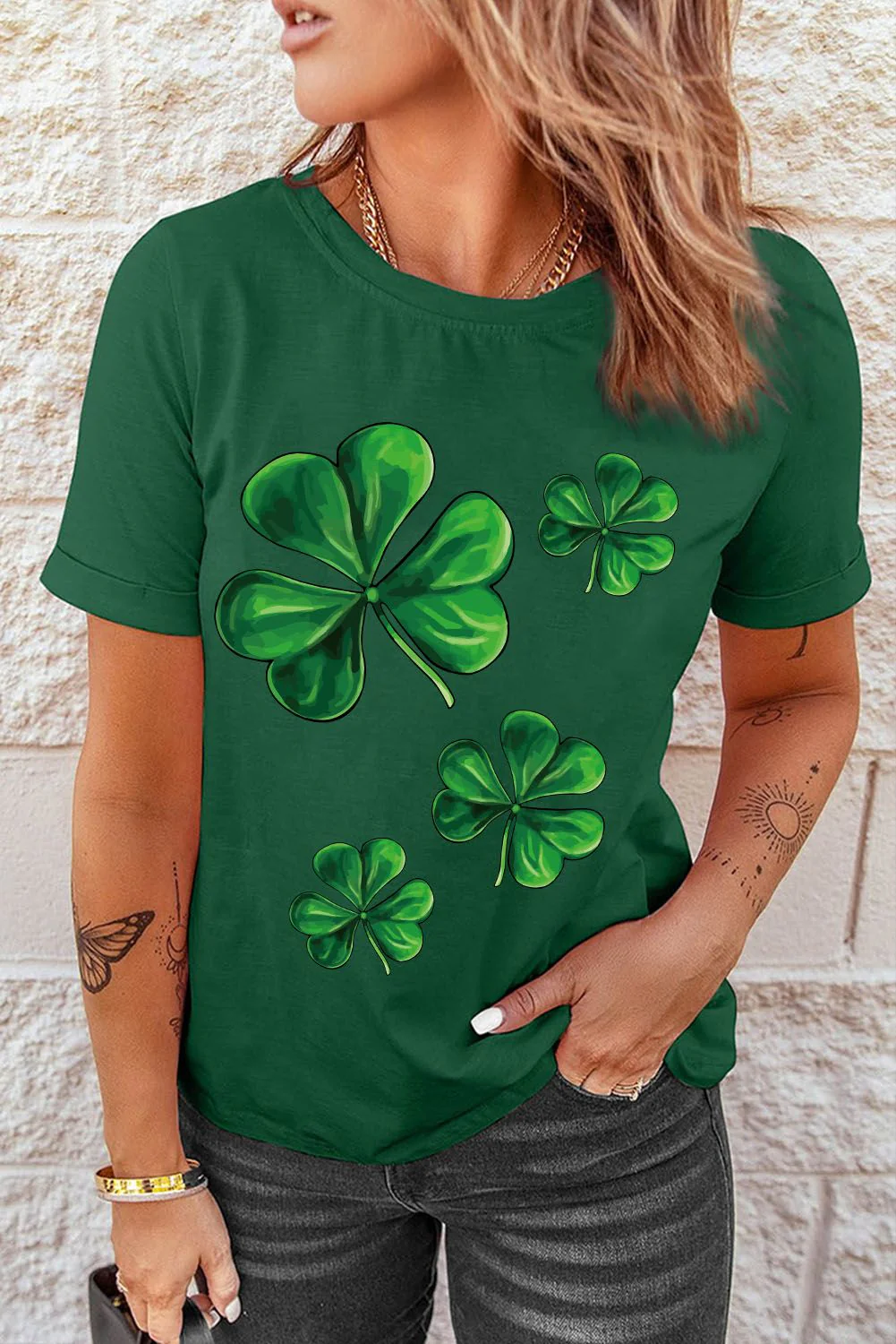 Shamrock Round Neck Casual T-Shirts。