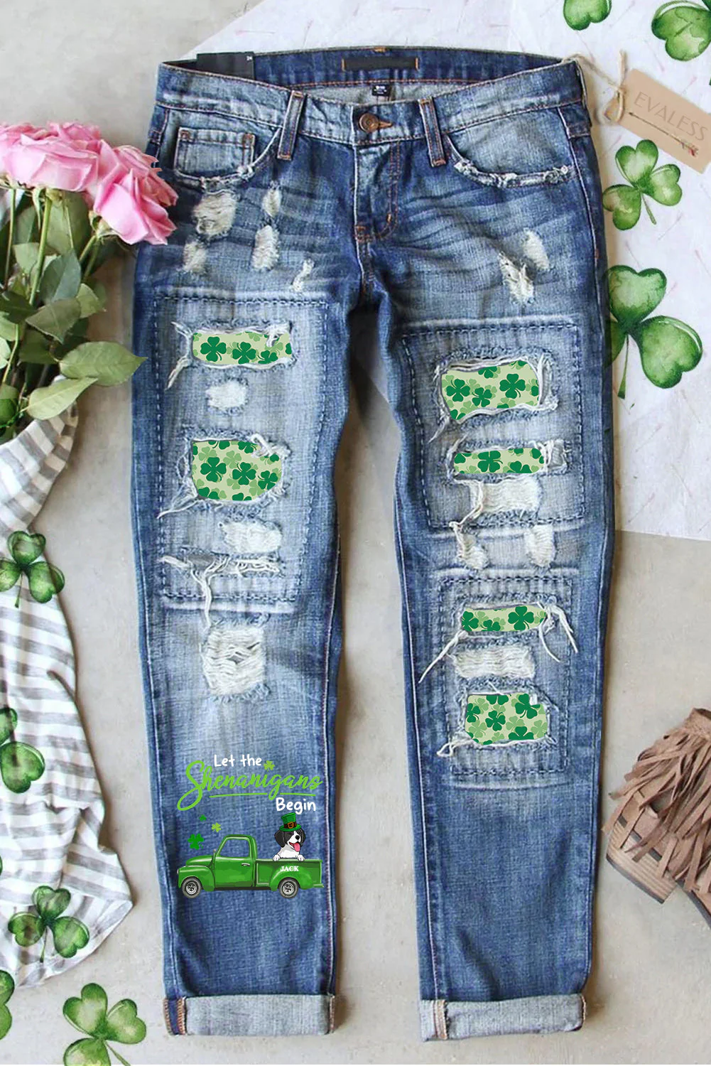 Personalized St. Patrick's Day Cute Dogs Mid Waist Ripped Jeans.