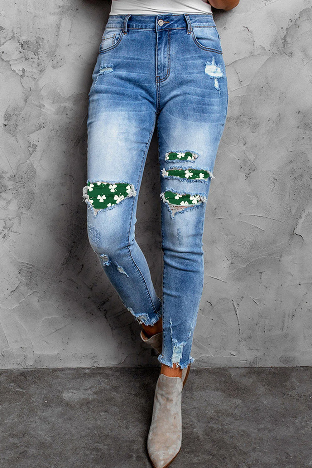Shamrock Clover Ripped  Casual Jeans