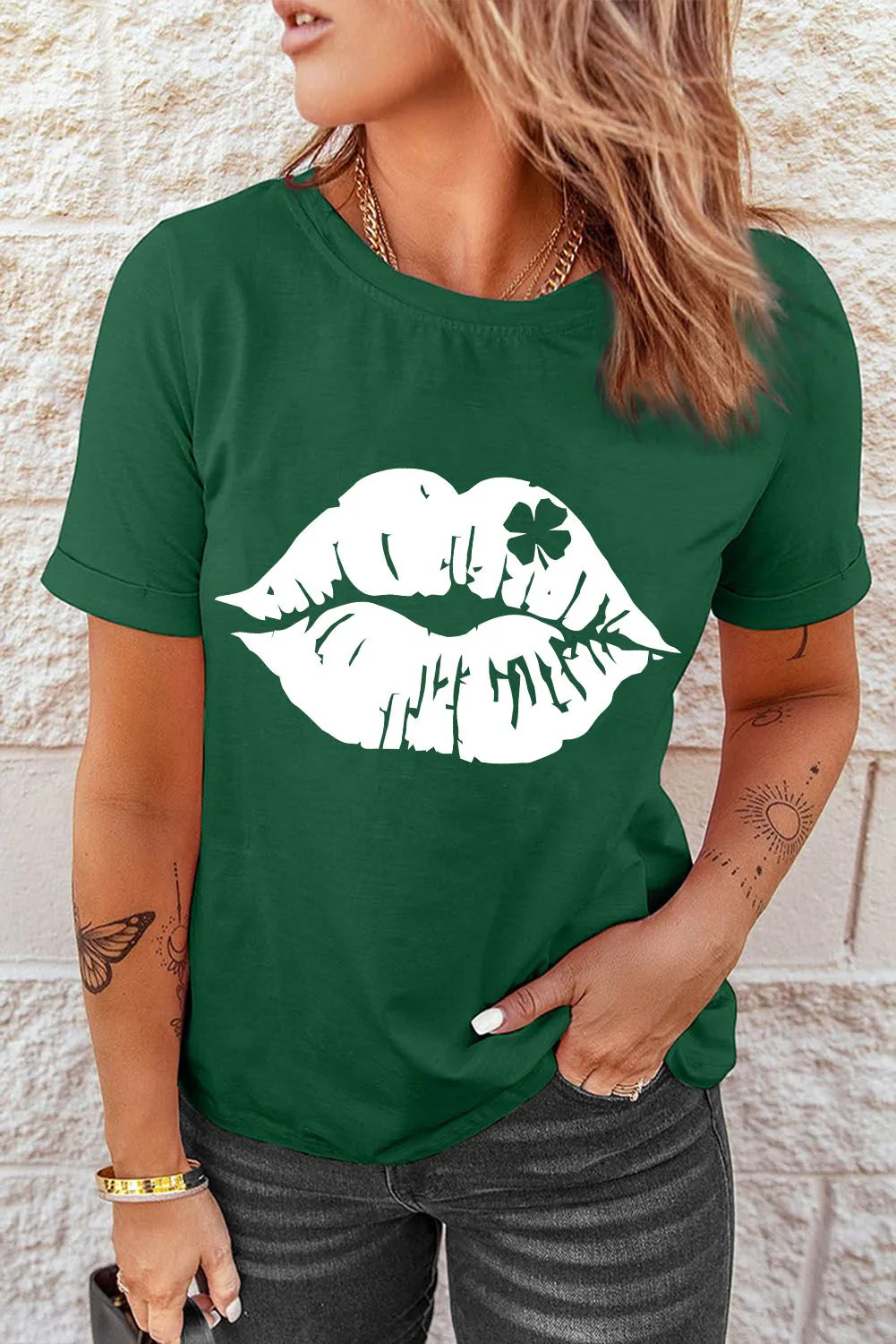 St. Patrick's Day Lip Round Neck  Casual T-Shirts。