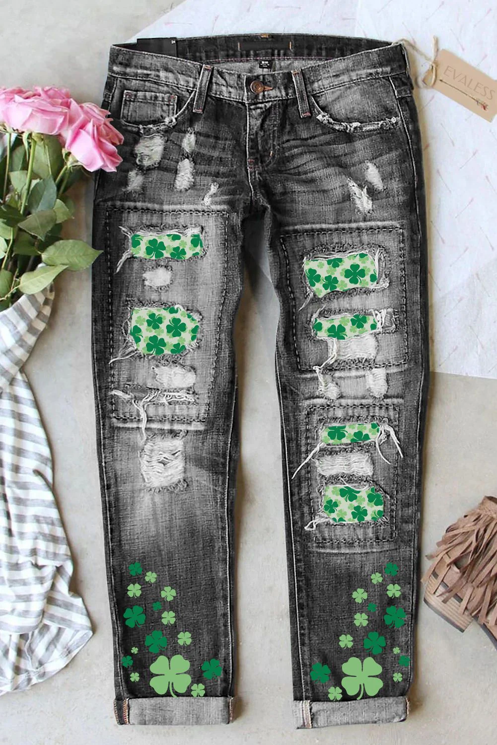 Saint Patrick's Day Shamrock Ripped Casual Jeans.
