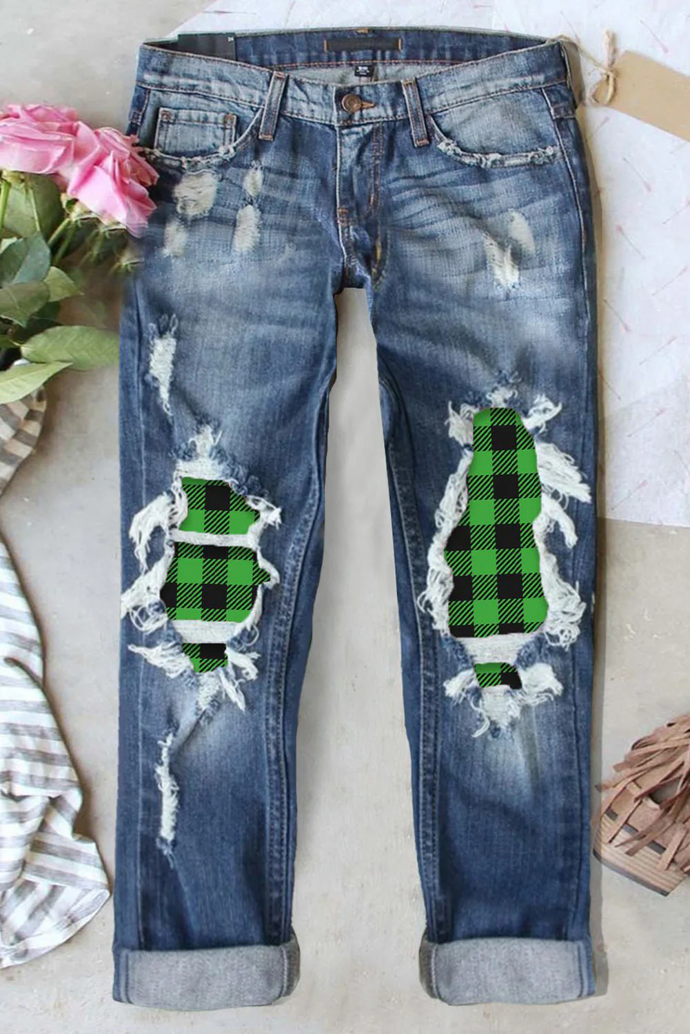 Green Plaid Shift Casual Ripped Jeans。