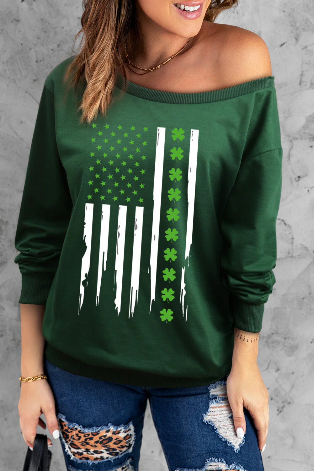 Patriotic American Flag Green Casual Long Sleeve T-shirt.