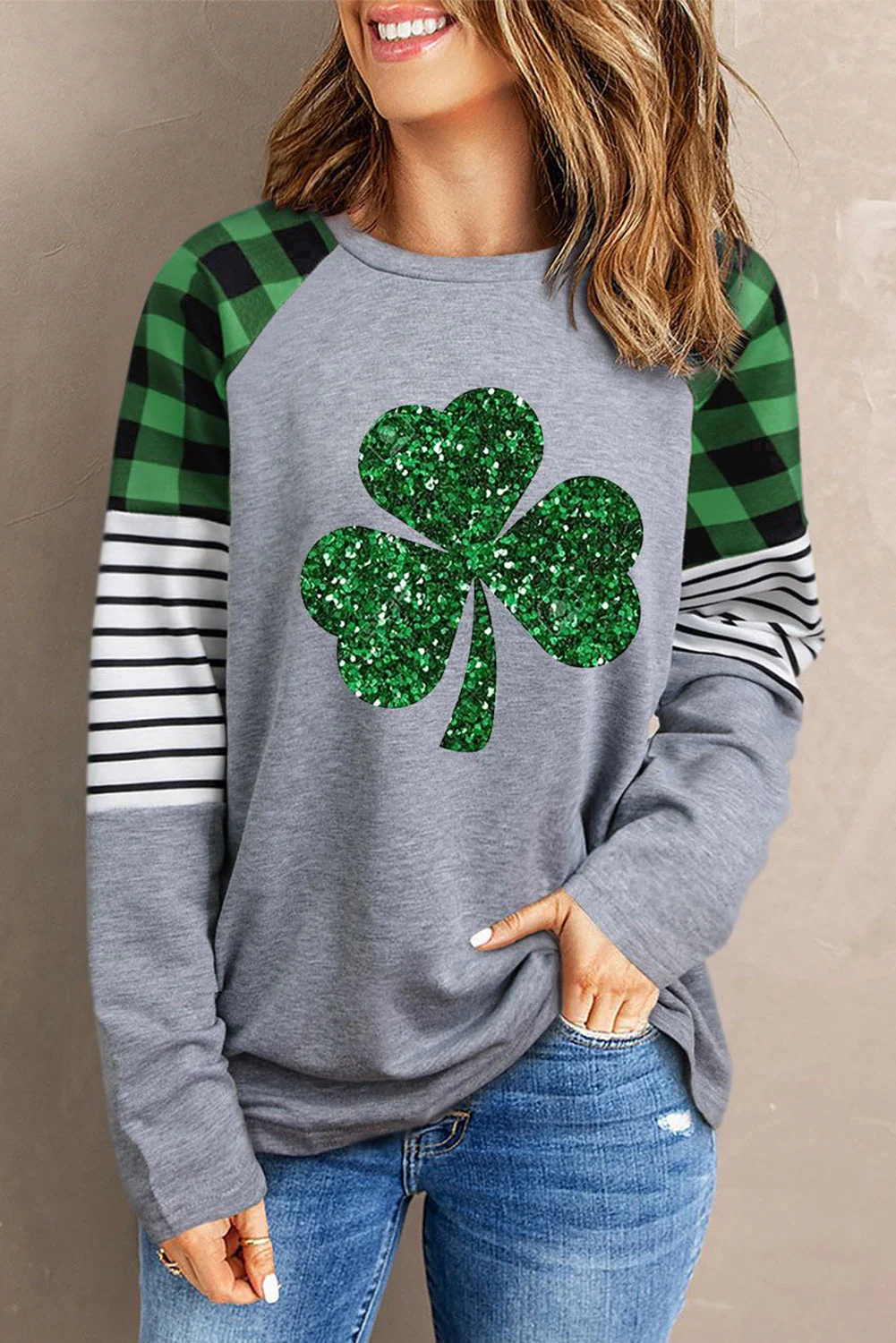 Shamrock Striped Plaid Round Neck Casual Pullover Sweatshirt.