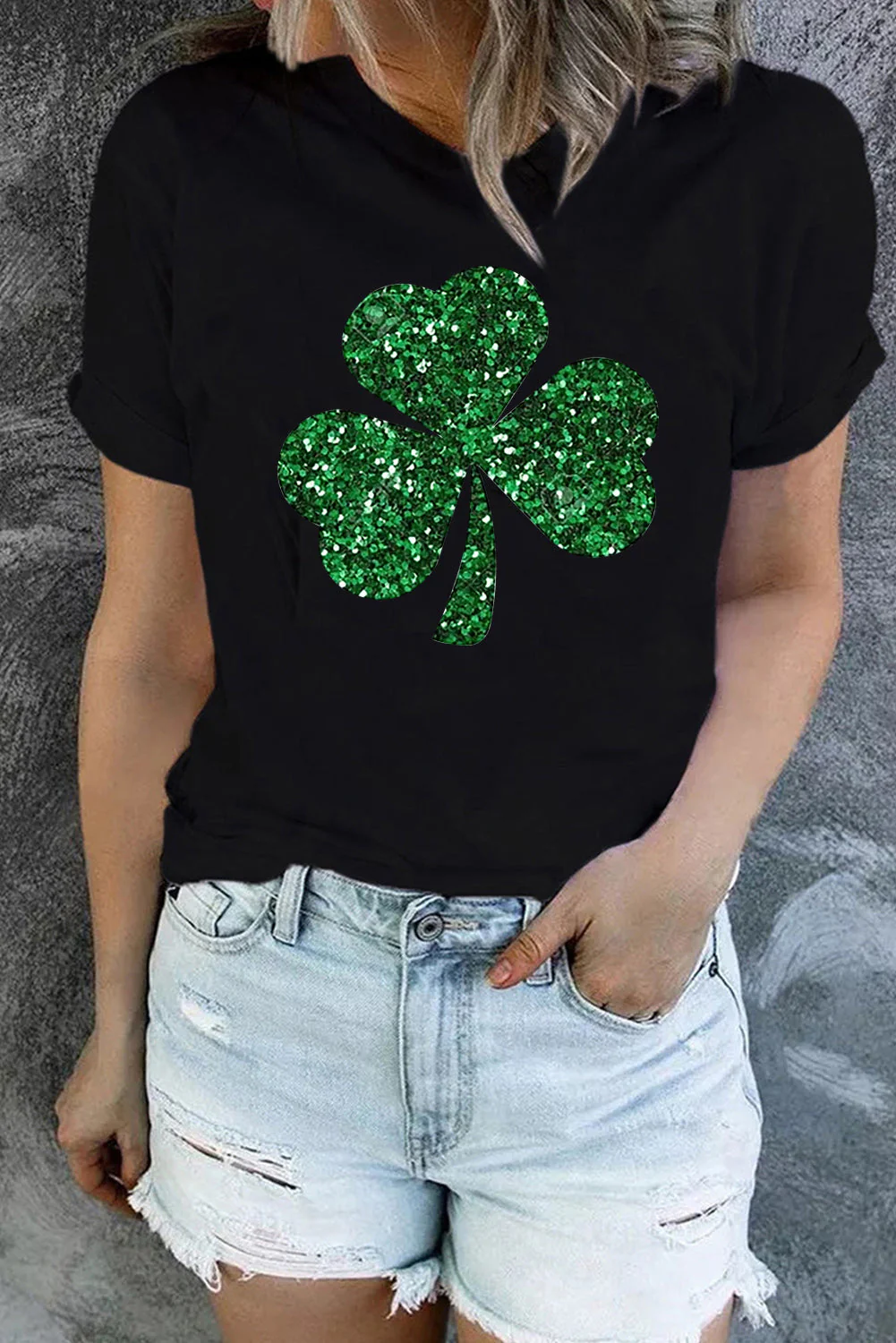 St. Patrick's Day Clover Graphic Round Neck Casual T-Shirts。