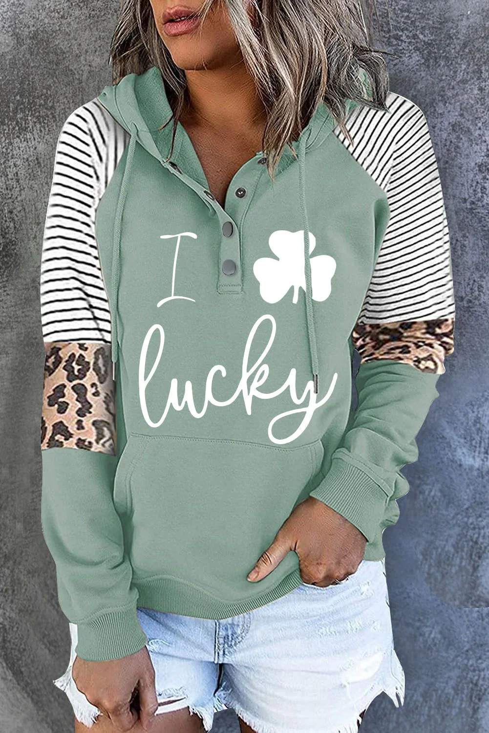 Lucky Clover Shamrock Patchwork Hooded Casual Hoodie.