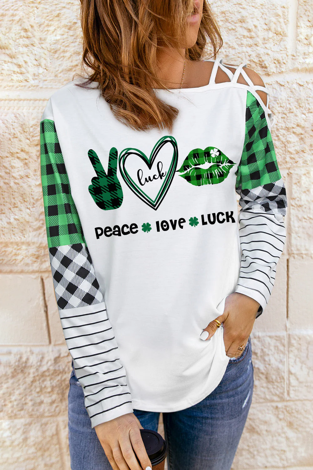 Green Plaid Scoop Neck Long Sleeve T-shirt.