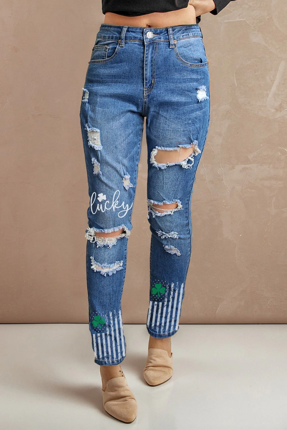 Clover St. Patrick's Day Blue Ripped Casual Jeans。