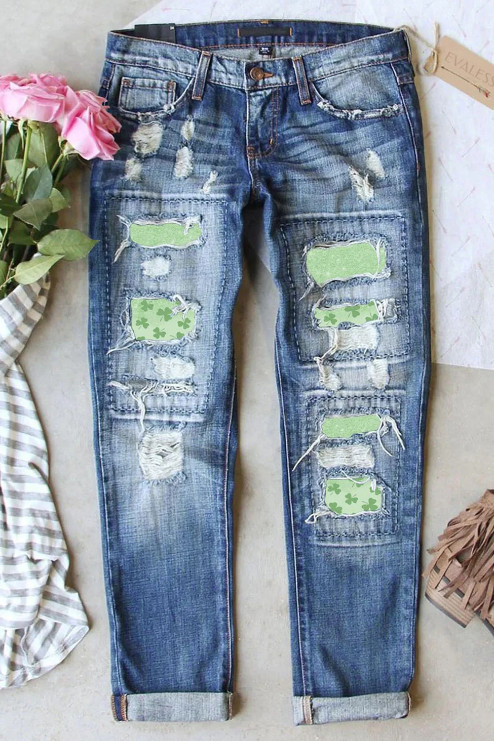 St. Patrick's Day Green Clover Graphic Shift Casual Ripped Jeans.