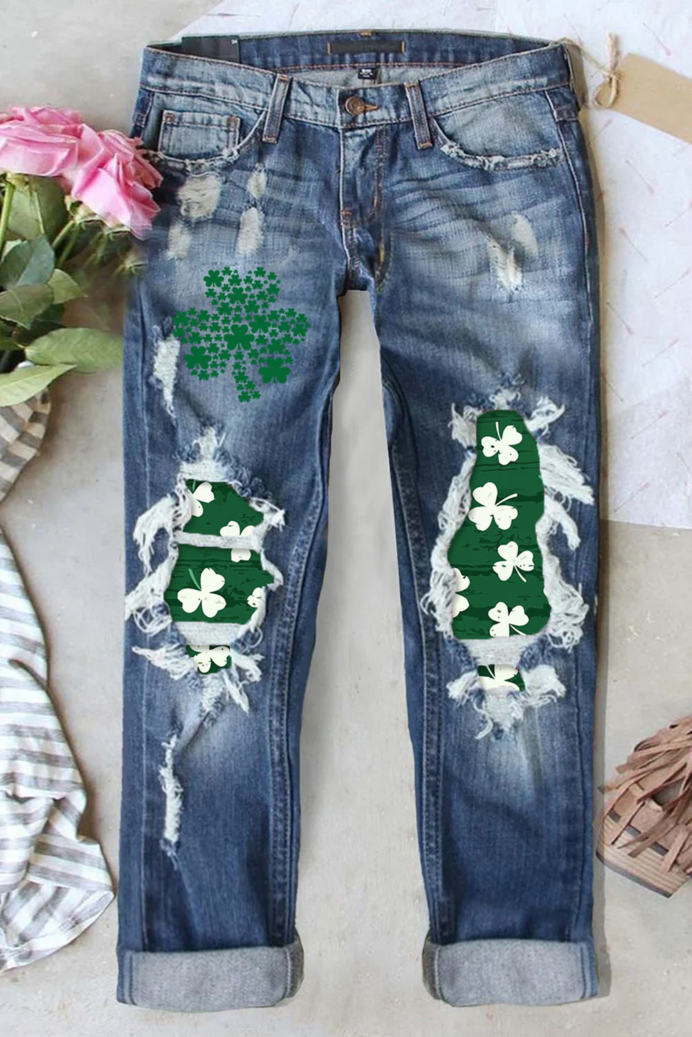 St. Patrick's Day Green Clover Ripped Raw Hem Jeans.
