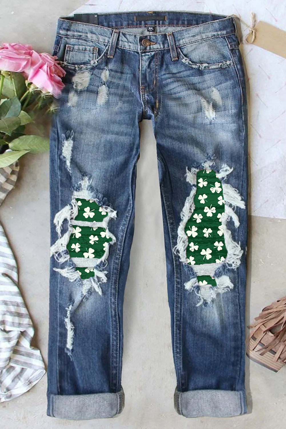 St. Patrick's Day Clover Graphic Ripped Raw Hem Jeans.