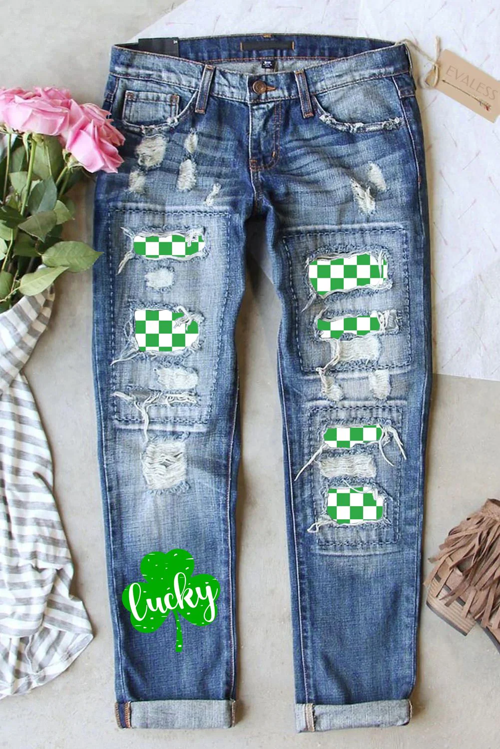 Shamrock Lucky Clover Casual Denim Jeans。