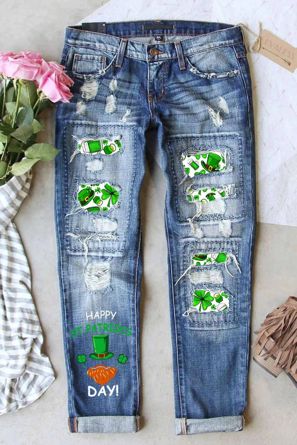 St. Patrick's Day Hat Graphic Casual Mid Waist Ripped Jeans.