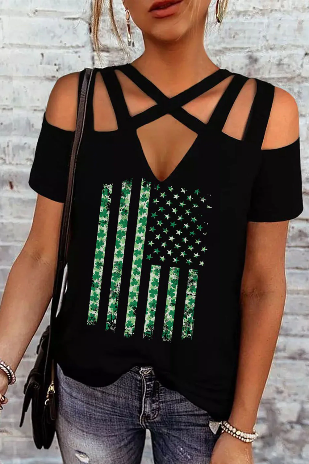 American Flag Clover St. Patrick's Day Cold Shoulder Off the Shoulder Spaghet Shift Casual T-Shirts.