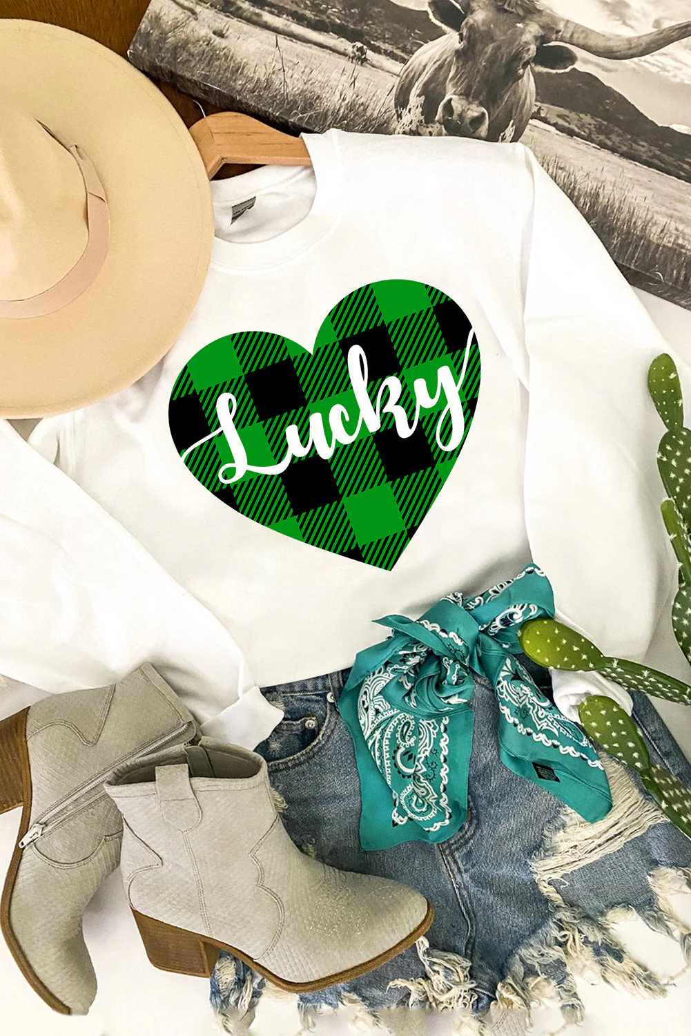 White Plaid Casual Love Letter Printing Sweatshirt.