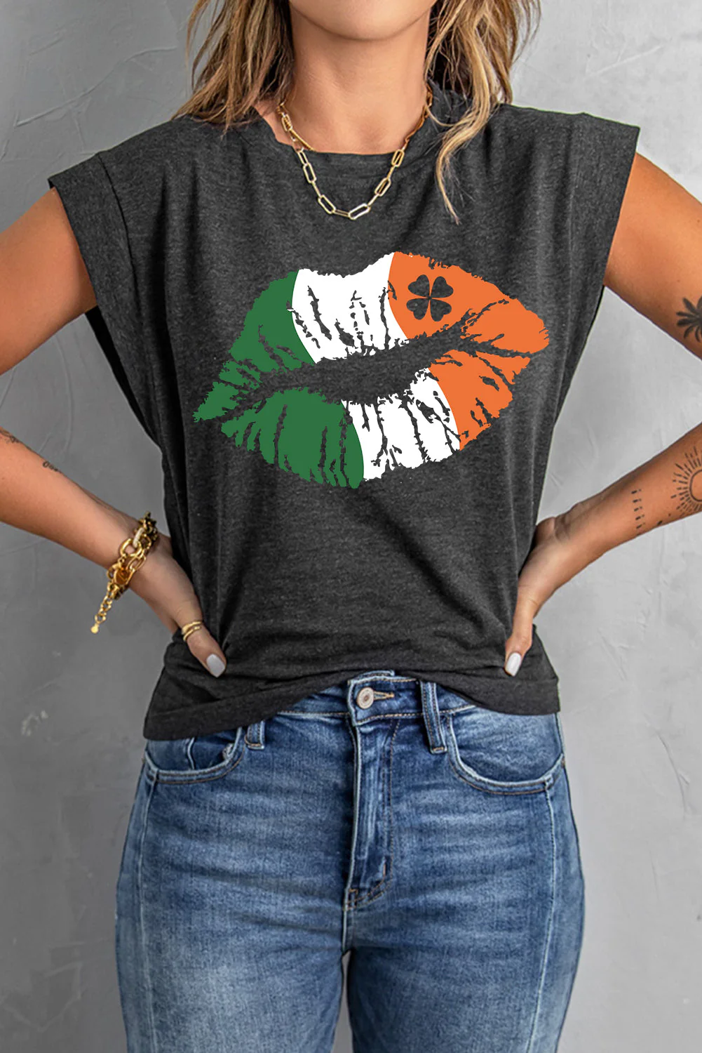 Grey Casual Cap Sleeve Big Lips Printing T-shirt。