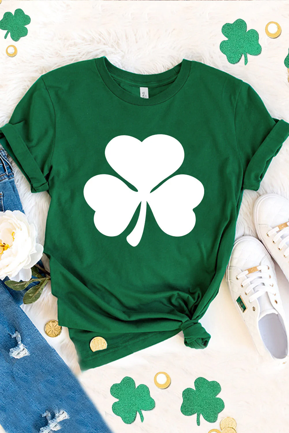 St. Patrick's Day Clover Round Neck Shift Casual T-Shirts。