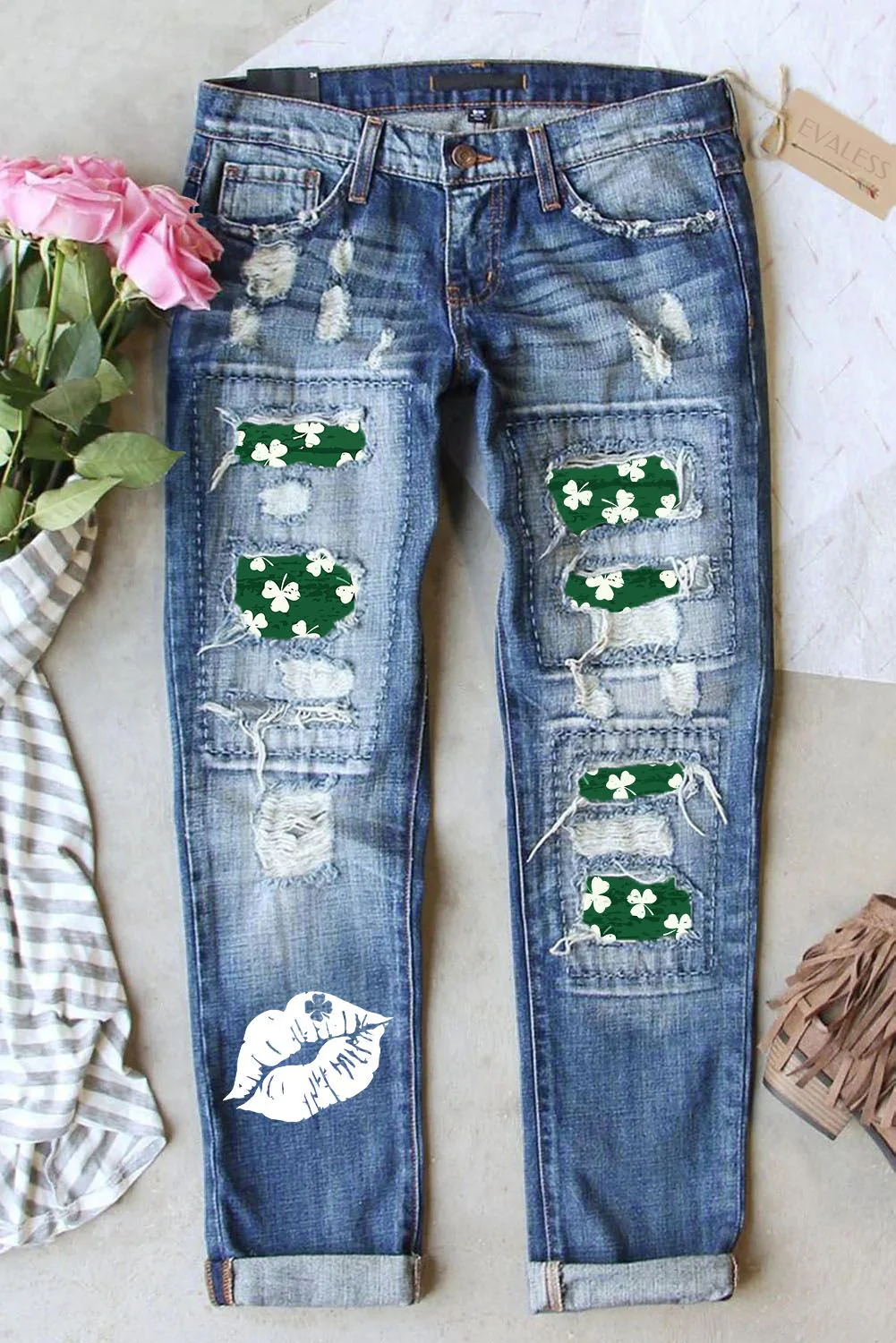 St. Patrick's Day Clover Graphic Casual Mid Waist Ripped Jeans