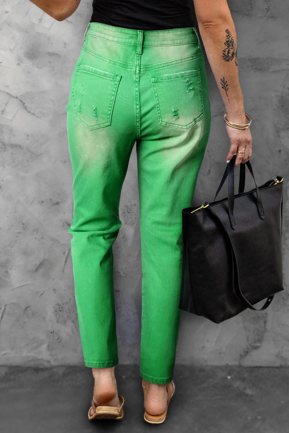 Green Leopard Graphic Ripped Casual Denim Jeans.