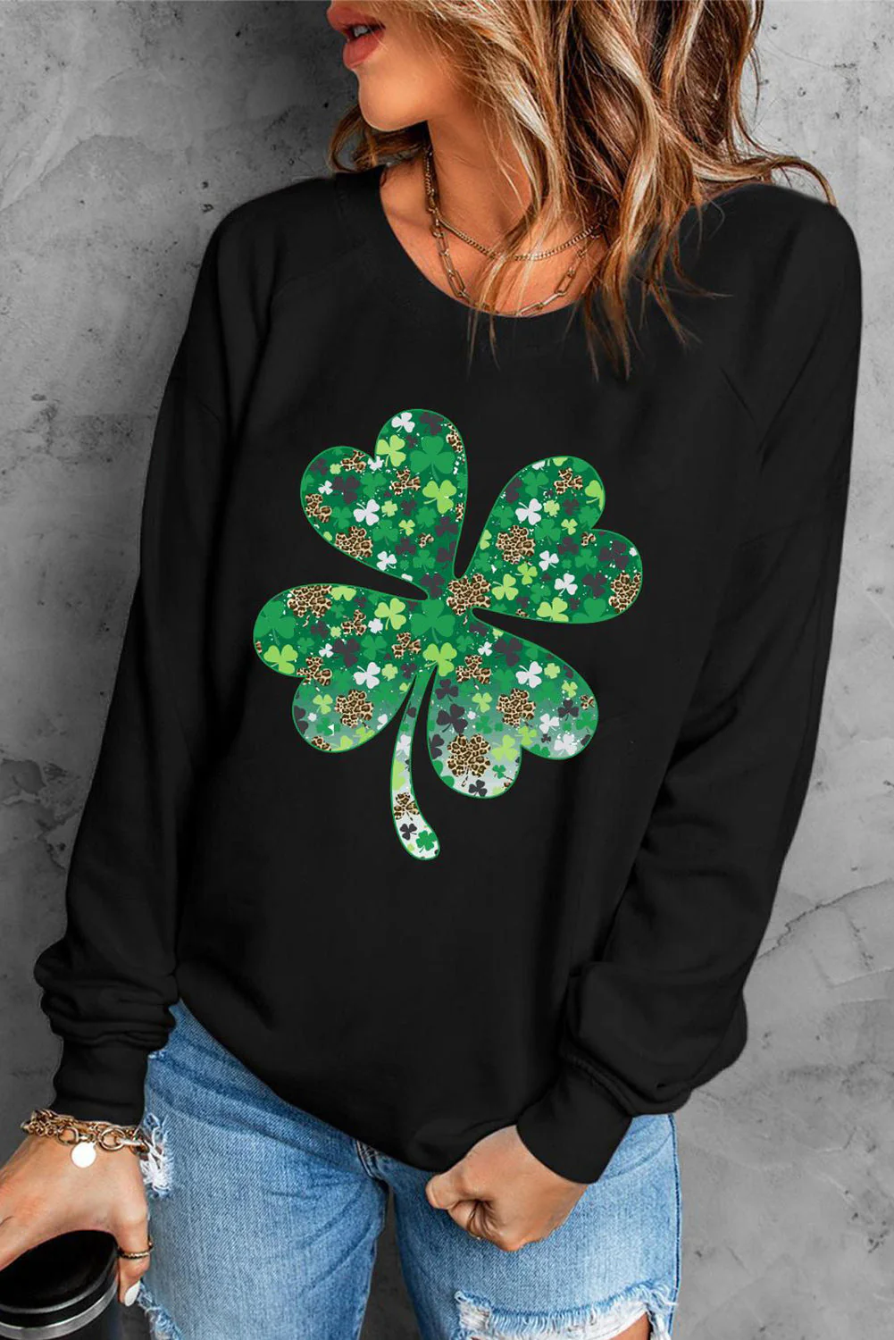 St. Patrick's Day Clover Graphic Round Neck Shift Casual Sweatshirts.
