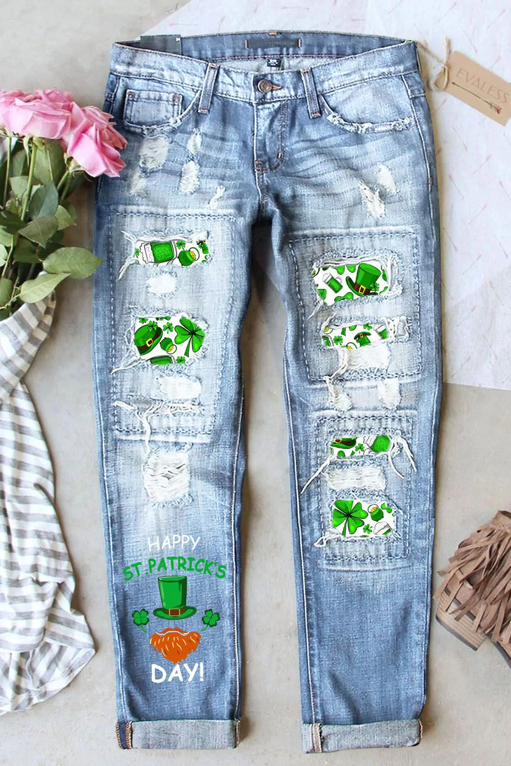 St. Patrick's Day Hat Graphic Casual Mid Waist Ripped Jeans.
