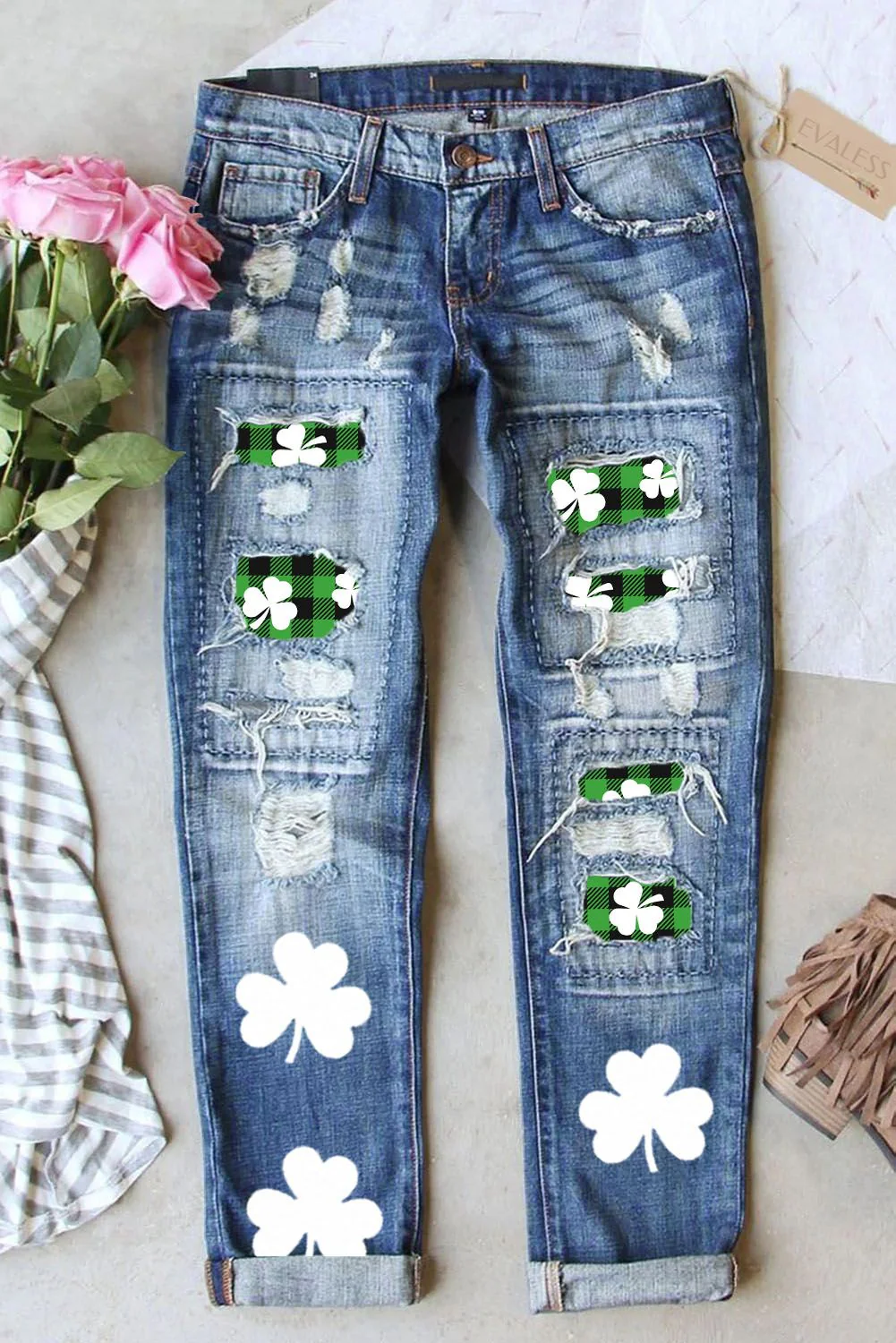 Shamrock Clover Green Plaid Casual Jeans.