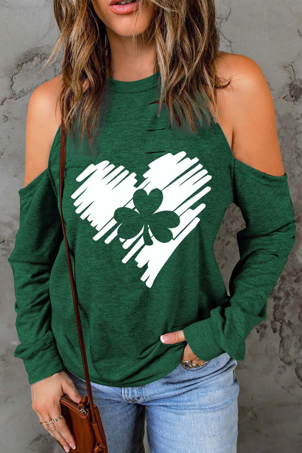 St. Patrick's Day Green Clover Heart Round Neck Shift Casual sweatshirt.
