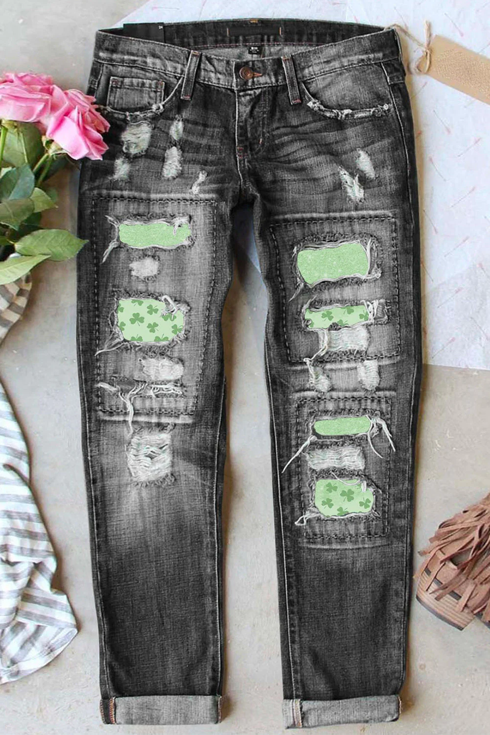 St. Patrick's Day Green Clover Graphic Shift Casual Ripped Jeans.